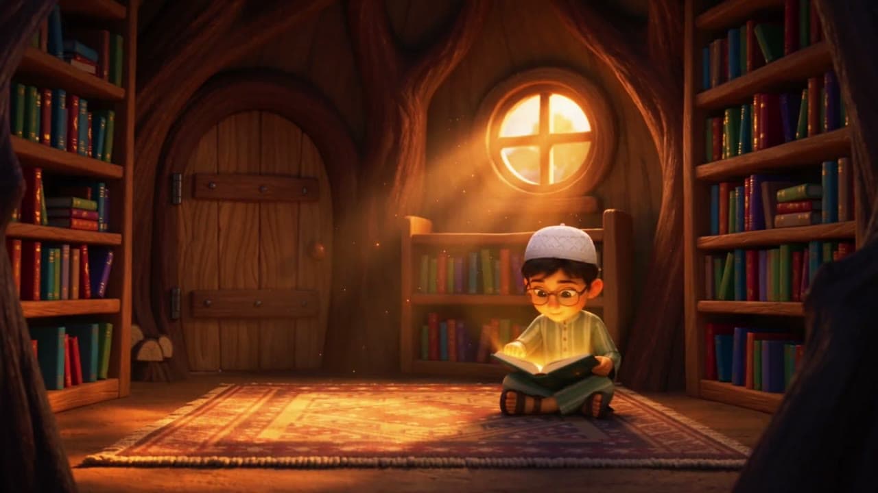 02. لقطة واسعة من زاوية عالية. المكتبة، صبي واحد عند الباب، والضوء من النافذة المستديرة.