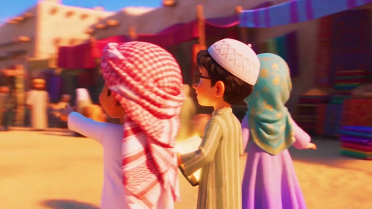 03. من فوق الكتف. الثلاثة يدخلون السوق، والشمس أمامهم.